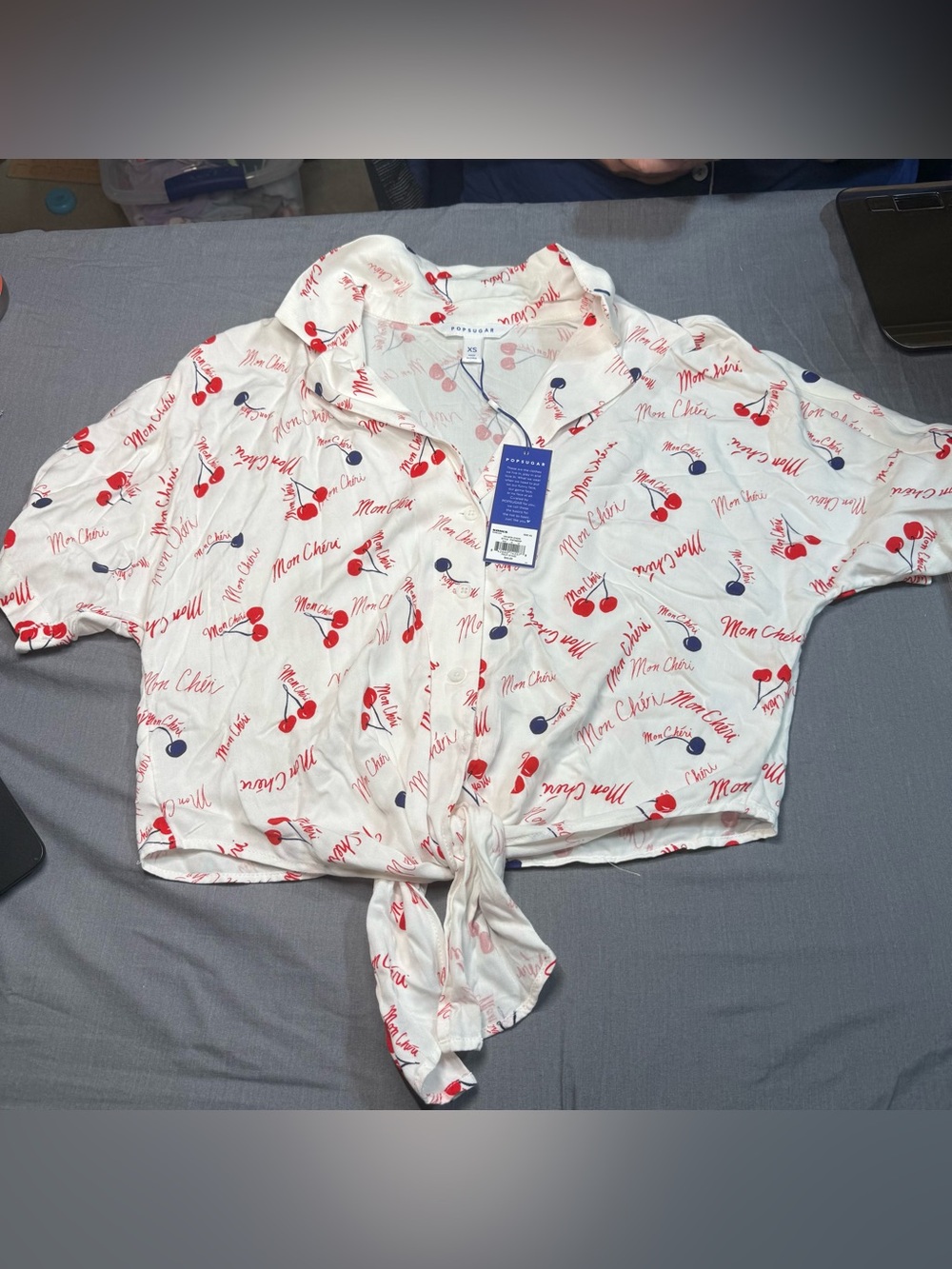 POPSUGAR White Cherry-Print Tie-Front Button Down Shirt